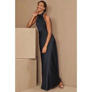 NWT Anthropologie BHLDN High-Neck Formal Satin Maxi Dress Black 8